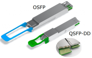 Side-by-side visual comparison of OSFP and QSFP-DD optical modules, highlighting form factor and connector differences.