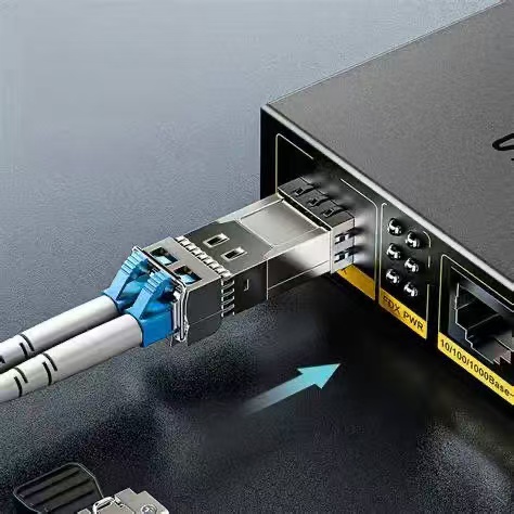 Close view of 5G optical transceiver with reinforced latch